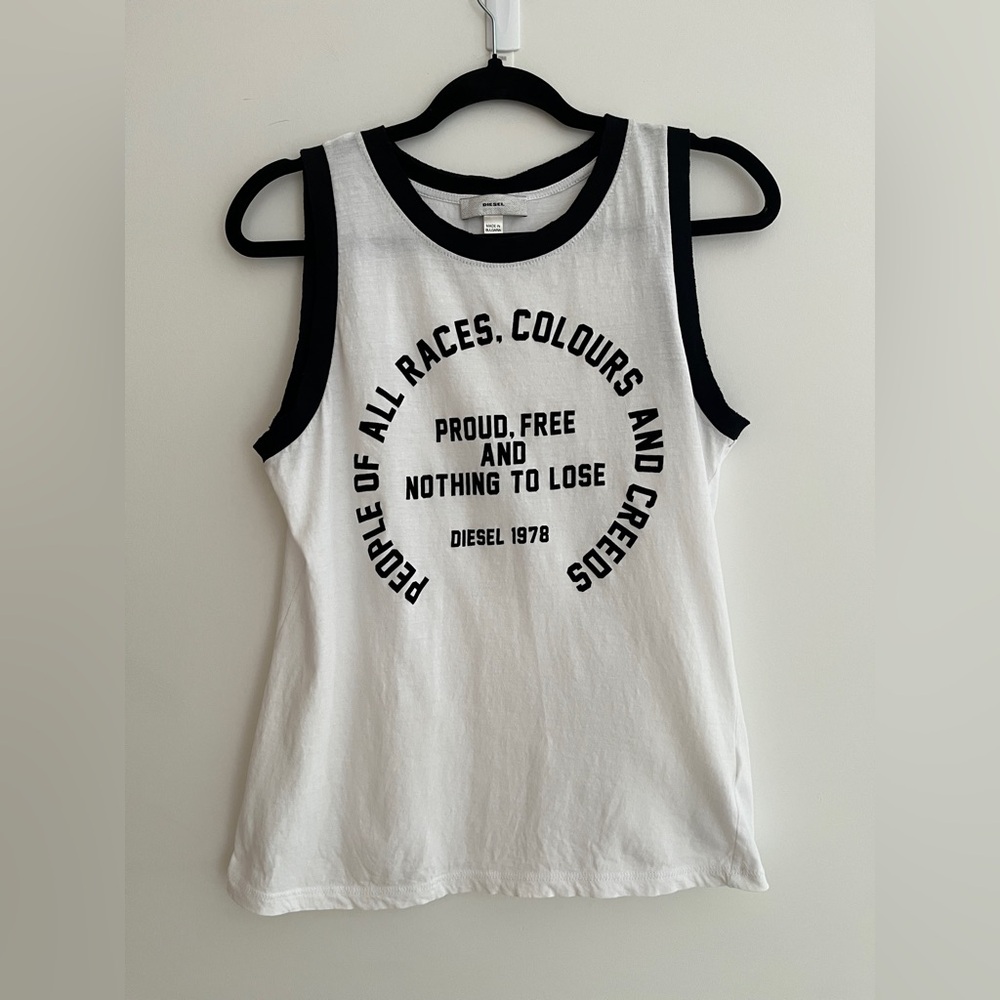 DIESEL Tank Top Graphic Logo People of All Races Colours and Creeds 100% Cotton